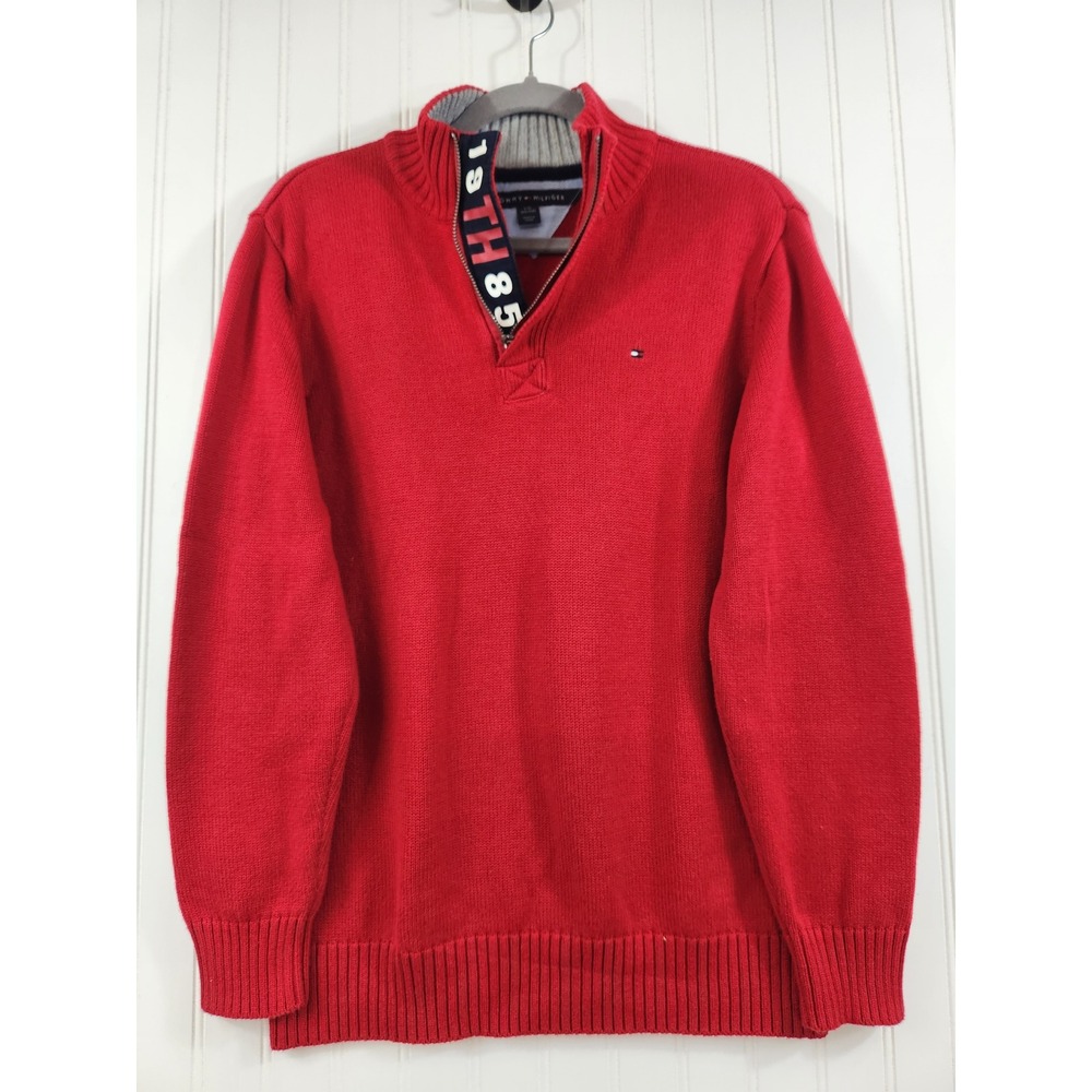 Tommy Hilfiger Boys Red Quarter Zip Sweater Elbow Patches Size L 16/18 Cotton